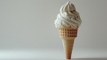 A timeless soft serve ice cream in a waffle cone stands against a neutral backdrop, highlighting its creamy texture and spiral peak. photo