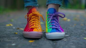 Close-up of a pair of colorful rainbow sneakers on a pavement, showcasing vibrant and playful footwear fashion. photo