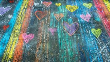 Vibrant chalk hearts drawn on a sidewalk with rainbow-colored lines, showcasing a playful and artistic street art scene. photo