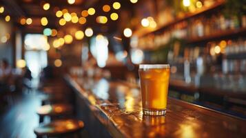 Craft beer served on a wooden bar in a cozy pub, featuring warm bokeh lights and a vibrant, inviting atmosphere. photo