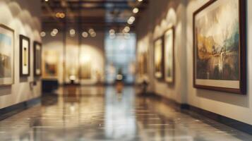 Interior view of an art gallery with blurred paintings on the walls, warm lighting, and shiny tiled floor. photo