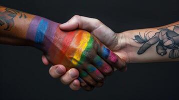 Close-up of a handshake between two people, one with rainbow-painted hand and the other with tattoos, symbolizing unity and diversity. photo