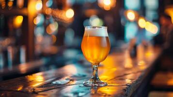 In a cozy pub, warm bokeh lights envelop the wooden bar where craft beer is served, fostering a vibrant and inviting ambiance. photo