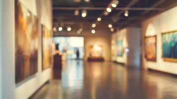 The art gallery interior showcases paintings on the walls, softly blurred, with warm lighting casting reflections on the shiny tiled floor. photo