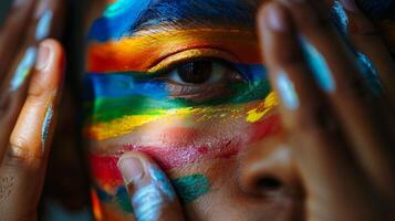 A detailed close-up of a person's face adorned with vibrant rainbow paint, highlighting expressive art and creativity. photo