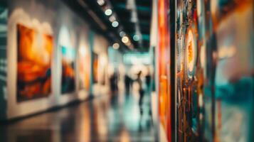 Inside the art gallery, the paintings adorn the walls in a soft blur, bathed in warm light that reflects off the shiny tiled floor. photo