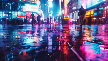 A vivid nighttime cityscape with neon lights reflecting off wet pavement, creating a colorful and dynamic urban atmosphere. photo