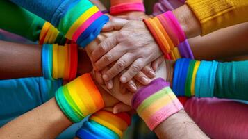 A diverse group of hands wearing rainbow wristbands join together in a display of unity, support, and solidarity for LGBTQ pride. photo