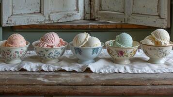 Assorted ice cream flavors in elegant vintage bowls set on an old wooden table, exuding a classic nostalgic vibe. photo
