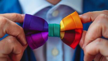 Close-up of a man adjusting a vibrant rainbow bow tie, symbolizing fashion, pride, and celebration of diversity. photo