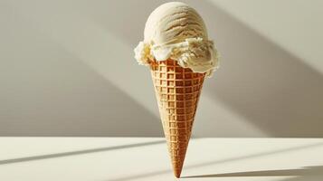 A timeless soft serve ice cream in a waffle cone stands against a neutral backdrop, highlighting its creamy texture and spiral peak. photo