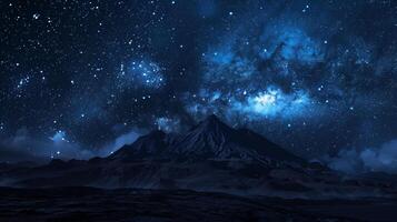 A breathtaking nocturnal scene featuring the Milky Way's radiant glow over a rugged, snow-capped mountain range under a star-filled sky. photo