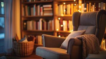 A cozy and inviting home library corner featuring a comfortable reading chair, a soft pillow and throw, surrounded by bookshelves bathed in warm light. photo