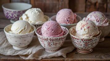 Variety of ice cream scoops in decorative bowls on a rustic wooden table, perfect for summer dessert. photo