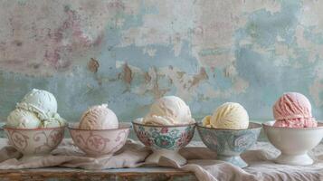 Delicate ice cream flavors presented in ornate bowls, set against a distressed vintage wall for an artistic composition. photo