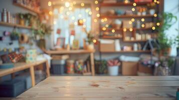 Blurred view of a creative workspace filled with art supplies, bokeh lights, and plants, offering a cozy, artistic environment. photo
