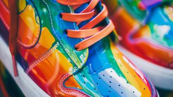 A close-up view of vibrant rainbow sneakers with glossy finish and orange laces, showcasing unique and stylish footwear. photo