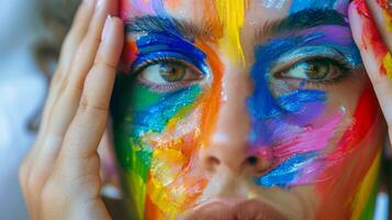 Detailed close-up of a woman's face adorned with vibrant rainbow paint, highlighting expressive art, creativity, and colorful self-expression. photo