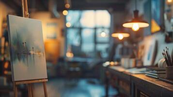 Warmly lit artist's studio featuring a painting on an easel, scattered art supplies, and a bokeh background. photo
