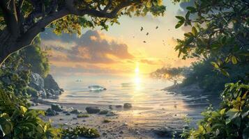 A peaceful tropical beach at sunset, with the sun casting golden light across the calm sea, complemented by flying birds and lush greenery. photo