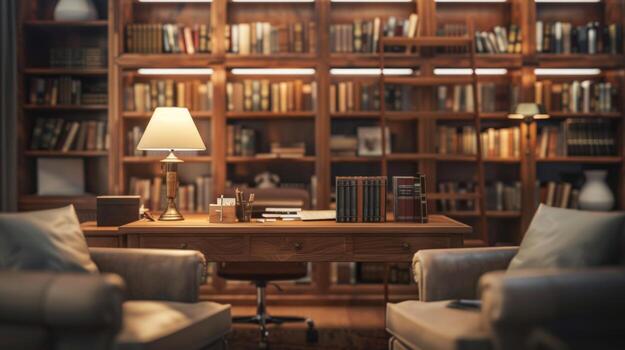 An elegant home library featuring a classic wooden desk, a table lamp, and extensive bookshelves filled with books, creating a scholarly atmosphere. photo