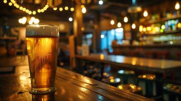 A chilled glass of beer sits on a rustic wooden table in a bustling pub adorned with warm, twinkling lights. photo