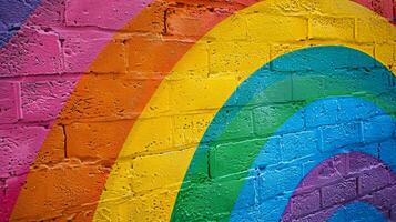 Close-up of a colorful rainbow mural painted on a brick wall, showcasing street art and vibrant community expression. photo