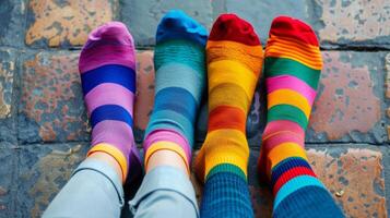 Close-up of four feet wearing vibrant, striped socks resting on a rustic tiled floor, showcasing fun and playful fashion. photo
