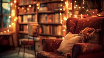 A cozy reading nook setup featuring a comfortable armchair, festive string lights, and shelves full of books for a perfect reading ambiance. photo
