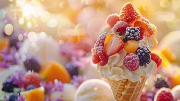 A decadent ice cream cone overflows with a bounty of fresh strawberries, raspberries, and blackberries, backlit by a shimmering, sun-kissed bokeh. photo