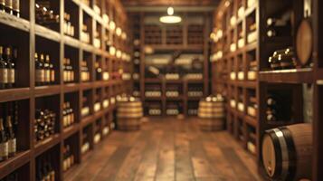 Blurred view of an elegant wine cellar, richly adorned with wooden shelves filled with an extensive collection of wine bottles, creating a sophisticated atmosphere. photo