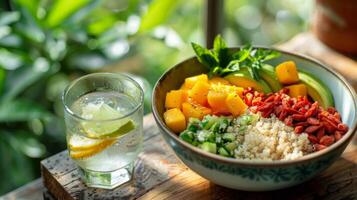 Fresh and exotic quinoa salad with ripe mango, goji berries, cucumber, and avocado, accompanied by a glass of lemon water in a lush green setting. photo