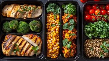 Meal prep containers with grilled chicken, broccoli, kale, cherry tomatoes, and lentils, arranged for a balanced diet. photo