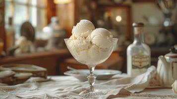 Scoops of rich vanilla ice cream served in an elegant glass bowl, set on a table with a cozy, rustic kitchen backdrop. photo