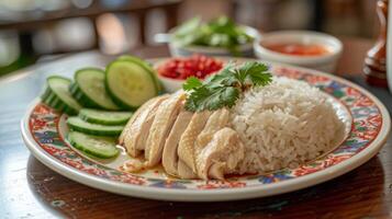 Classic Hainanese chicken rice served on a vibrant plate, accompanied by slices of fresh cucumber and a garnish of cilantro. photo