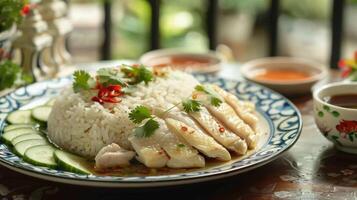 Delicate Hainanese chicken rice topped with chili slices and cilantro, served with cucumber and sauces. photo