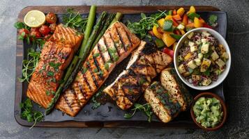 A wholesome meal featuring grilled salmon fillets, asparagus, and a colorful array of vegetables, complemented by quinoa salad and guacamole. photo