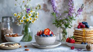 Stack of pancakes topped with fresh berries and honey, alongside a bowl of chia pudding and almonds, with a floral backdrop. photo