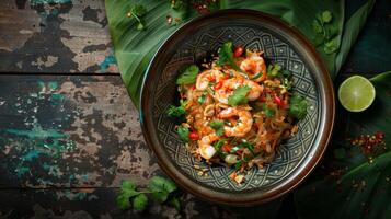 Delicious Shrimp Pad Thai beautifully presented with fresh herbs on a green leaf, accompanied by a slice of lime. photo