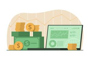Pile of Cash Money and Laptop Computer with Trading Graph Report for Online Investment Concept Illustration vector