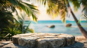 Summer exhibition of products on a stone podium against the backdrop of a sea tropical beach photo