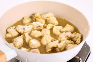 Frying Chicken Karaage Popcorn, Chunky Chicken Coated with Flour photo