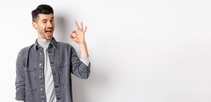 Excited handsome guy with moustache, winking and showing okay sign, smiling pleased, assure all good, praise nice work, making good job gesture, standing against white background photo
