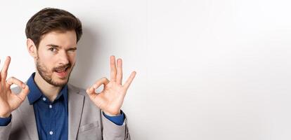 Close up of confident handsome man assuring all good, showing okay signs and winking at camera, no problem gesture, standing on white background photo