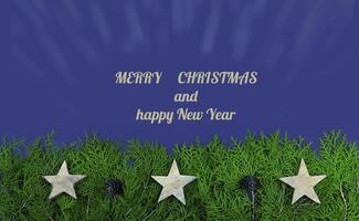 Flat lay Christmas card on blu background with Thuja branches and wooden stars, with sample text. photo