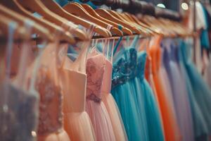 A rack of beautiful prom dresses in various colors and styles hanging on hangers at the back wall of an evening wear store with bright lights and blurred background photo