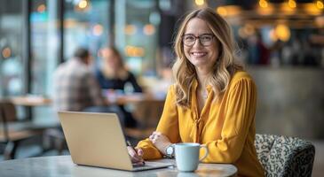 Young businesswoman with glasses sitting at a table in a coffee shop, writing notes and smiling while using a laptop computer during a work break photo