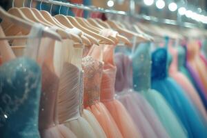 A rack of beautiful prom dresses in various colors and styles hanging on hangers at the back wall of an evening wear store with bright lights and blurred background photo