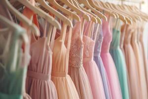 A rack of beautiful prom dresses in various colors and styles hanging on hangers at the back wall of an evening wear store with bright lights and blurred background photo