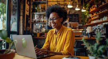 Young businesswoman with glasses sitting at a table in a coffee shop, writing notes and smiling while using a laptop computer during a work break photo